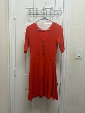 Women's V-Neck Short Sleeve Button Front Red Dress